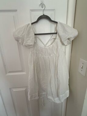 Free People White Puff Sleeve Smocked Bodice Tunic